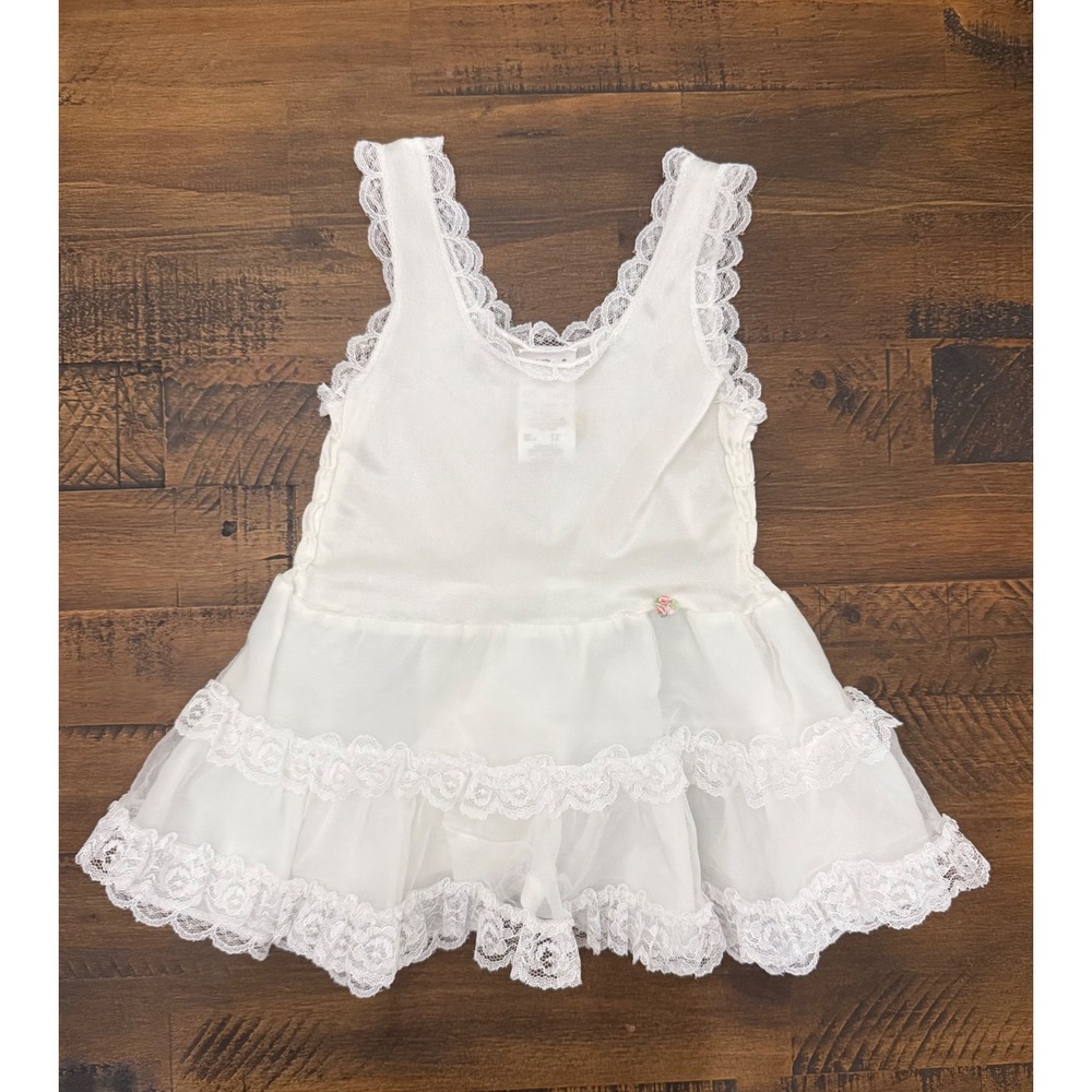 Vintage Her Majesty White Lace Trim Tiered Ruffle Slip Dress Nightgown Size T2